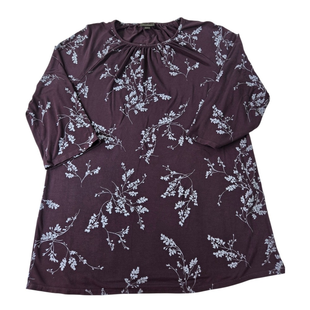 J. Jill Wearever Womens Medium Plum Floral Gathered Neck 3/4 Sleeve Top Women
